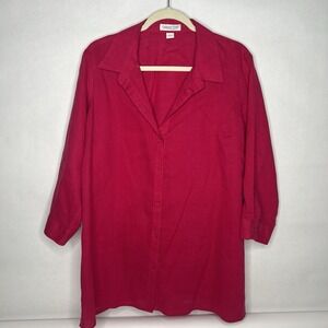 Coldwater Creek Magenta 100% Linen‎ Button Down Up 3/4 Sleeve Blouse Large Pink